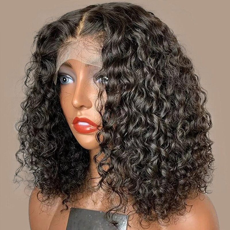 Onda de Água Brasileira Lace Frontal Wig para Mulheres, Curto Bob, Curly Cabelo Humano Perucas, Transparente, 13x4, 4x4