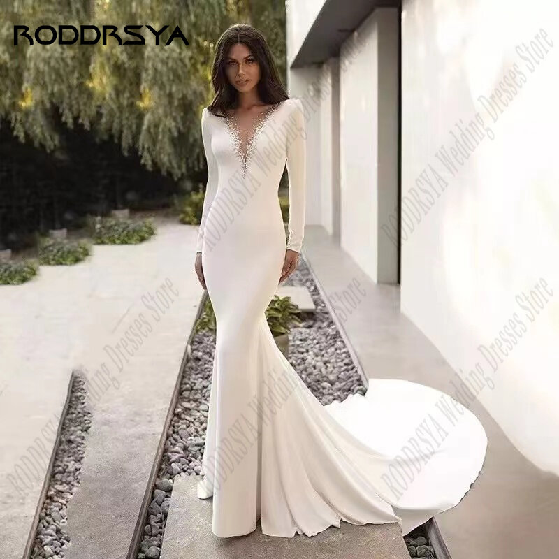RODDRSYA-Vestido De Noiva De Cetim Sereia, Simples Decote Em V, Vestido Frisado Sheer, Botões Civis Sweep Train, Custom Made