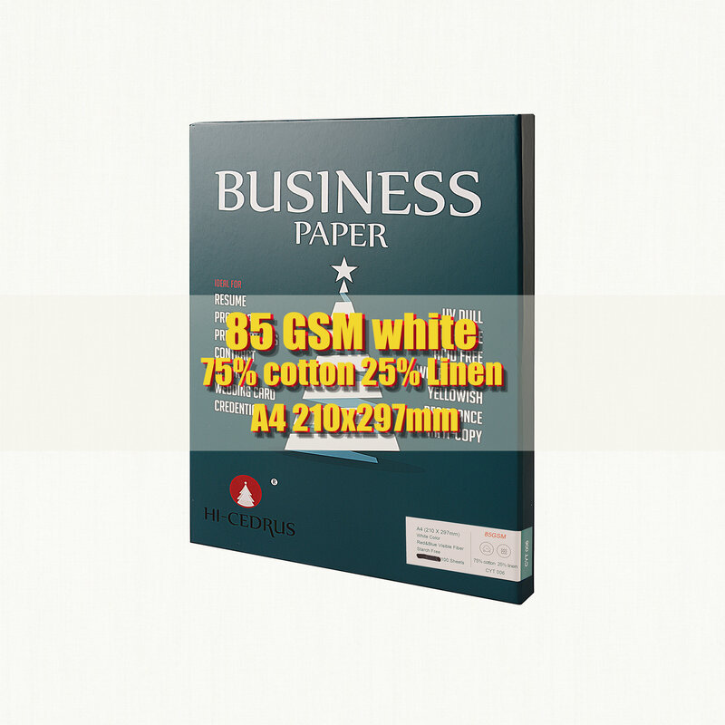 GCYT006-Papel de lino 75% de algodón, papel A4 25% x 210mm, color blanco con fibra roja y azul, sin almidón, impermeable, 297 hojas, 85gsm