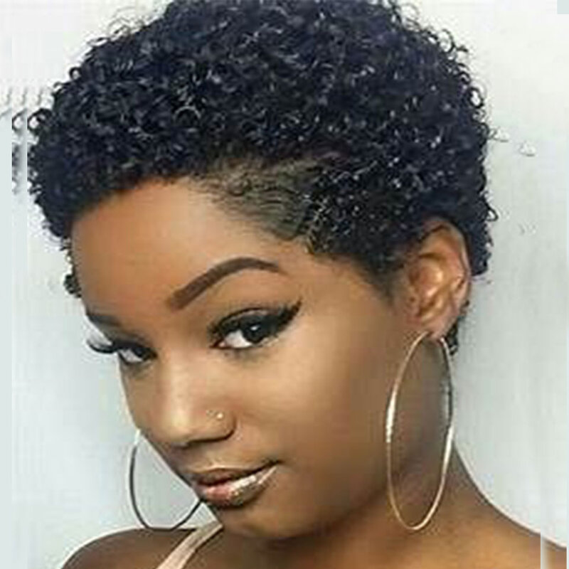 Peruka Afro perwersyjne kręcone grzywki dla kobiet Afro fryzura Pixie peruka z krótkimi ludzkimi włosami miękka peruka z kręconym Afro naturalny wygląd do codziennego użytku