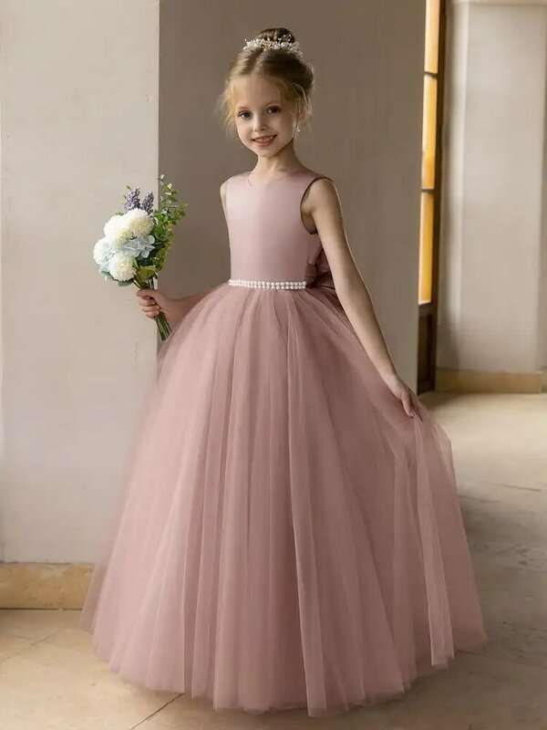 Girl's Tiered Tulle Ball Gowns With Pearls & Satin Bowknot Sleeveless A line  Girl Dresses For Wedding & Birthday Party