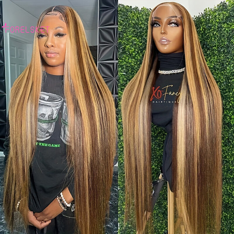 Perruque Lace Front Wig naturelle brésilienne Remy, cheveux lisses, 13x4, 16 à 30 pouces, avec reflets, densité 180%, pour femmes