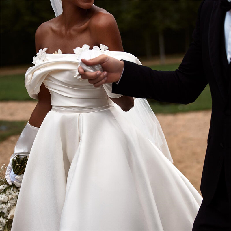 Vestido de casamento feminino plissado a linha A, vestido de noiva floral 3D com trem de varredura, elegante, 20081 #, 2024
