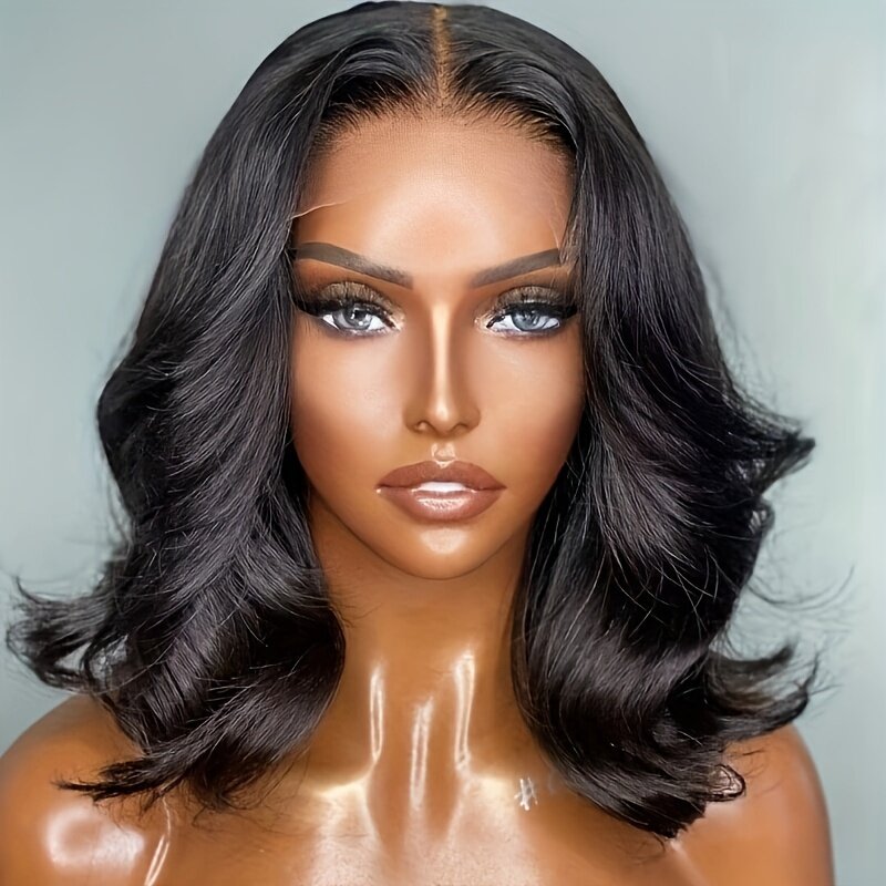 Peluca de cabello humano ondulado para mujeres negras, postizo de encaje Frontal peruano, corte Bob, Color Natural, predesplumada