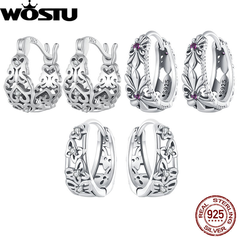 Wosstu-女性用透かし彫りバタフライフープイヤリング,925スターリングシルバーイヤリング,ヴィンテージ,フラワー,ファインジュエリー,パーティー,毎日のギフト