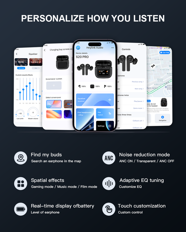 Beatfade S20 프로 터치 스크린 ANC 무선 이어폰, TWS 노이즈 캔슬링 이어버드, 블루투스 3.5, 지지대 앱, 긴 배터리 수명, HiFi