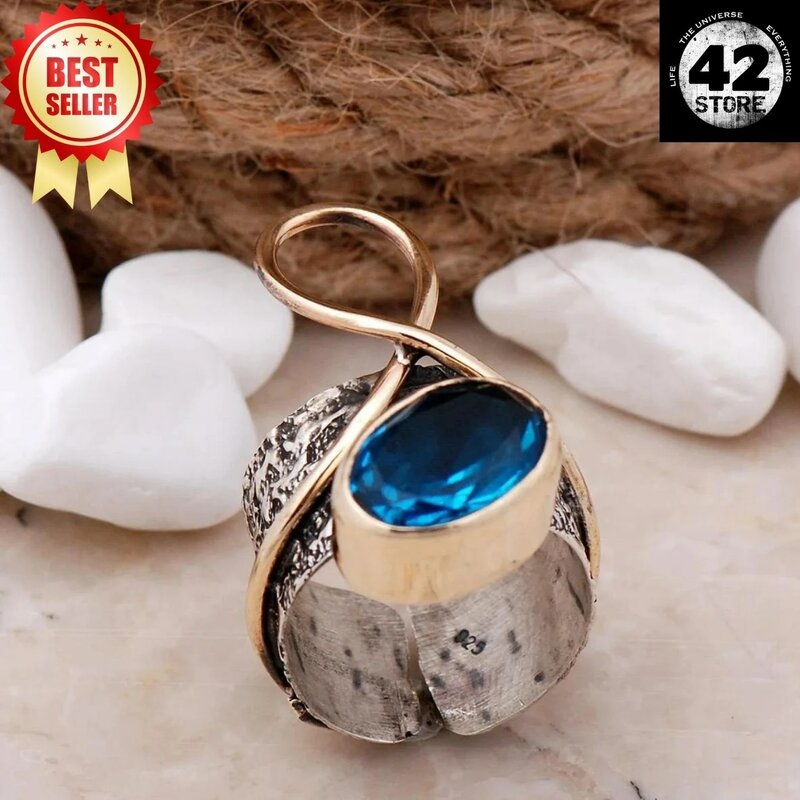 Cincin perak buatan tangan palu yang ditempa dengan batu Aquamarine