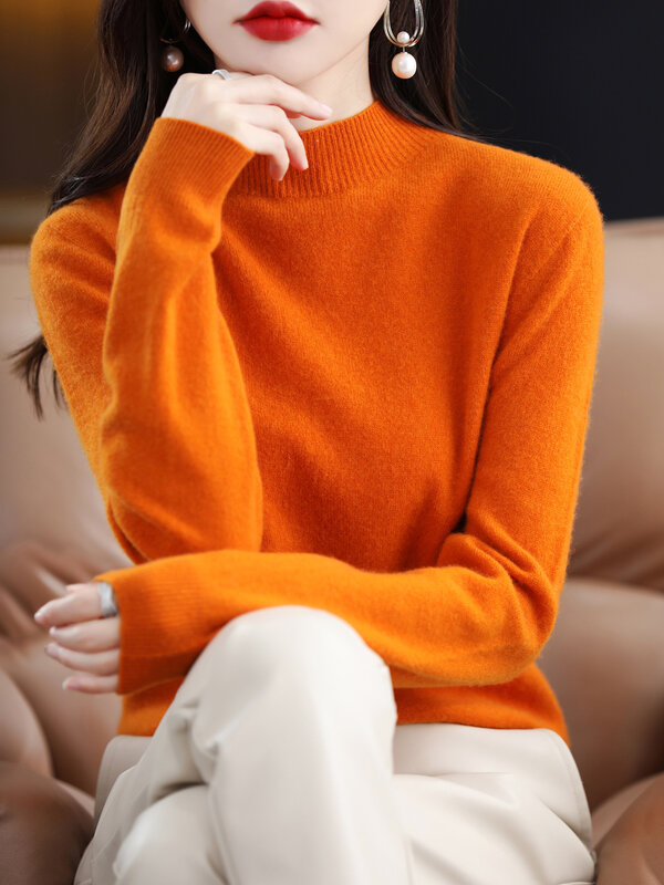 100% Merino Wool Sweater Women Mock Neck Sweater Fall Winter Basic Soft Warm Pullovers Long Sleeve Knit Wool Tops Female Clothes