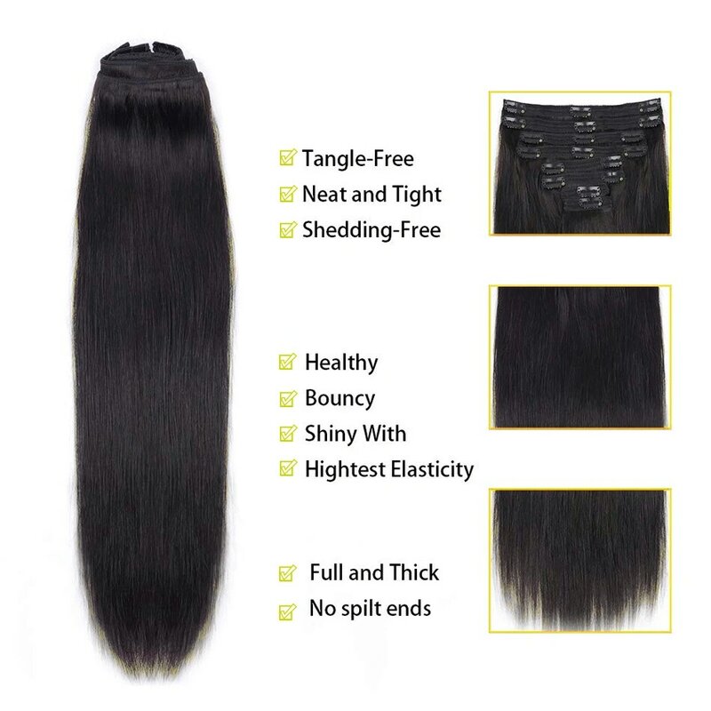 女性のためのブラジルのストレートクリップ,人間の髪の毛,自然なヘアエクステンション,フルヘッド,120g