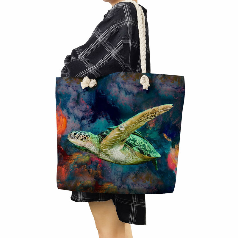 거북이 고래 프린트 핸드백, 캐주얼 대용량 어깨 여행 비치 가방 오션 시리즈 접이식 여성 식료품 쇼핑 가방