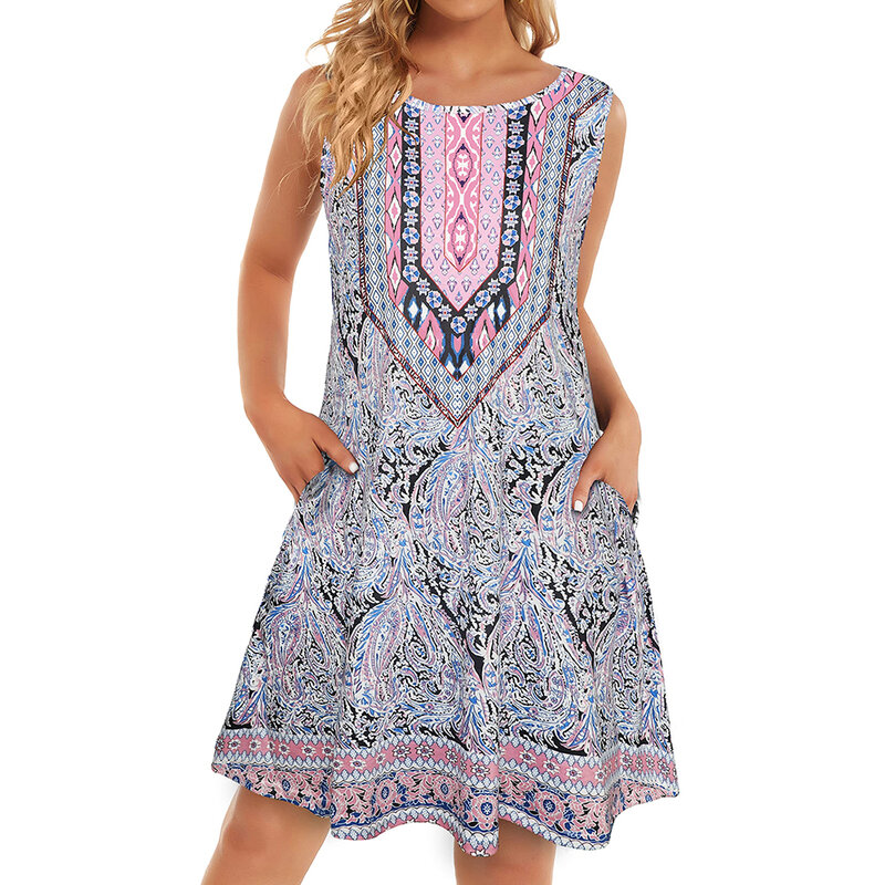 Женское повседневное мини-платье без рукавов с круглым вырезом, пляжный сарафан в стиле бохо, свободное летнее платье с градиентом