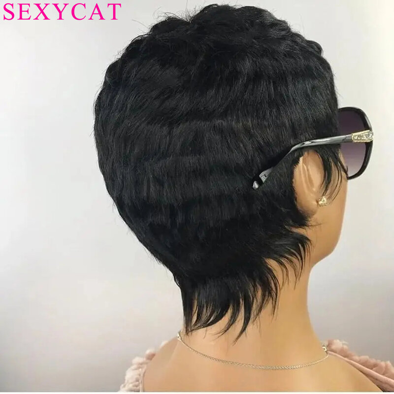 Peruki z krótkim bobem na czarne damskie ludzkie włosy fryzura Pixie peruki z grzywką krótkie peruki Pixie faliste warstwowe pełne maszyny 1B kolor