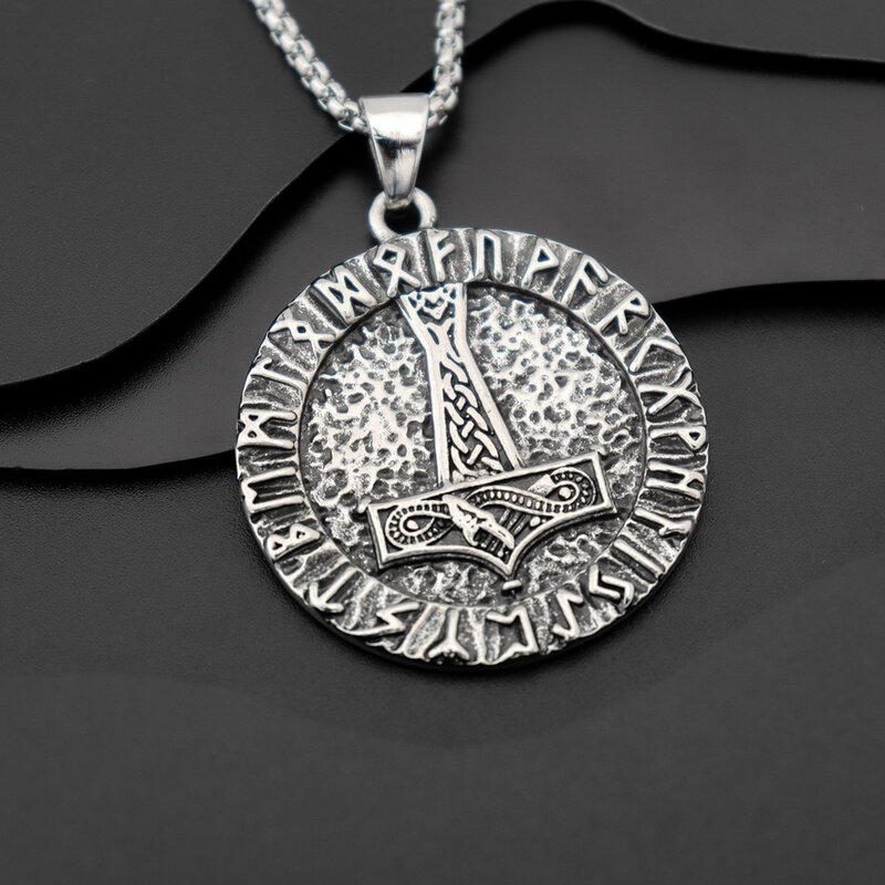 Round pendant necklace, men's vintage stainless steel jewelry, Viking Thor's hammer jewelry