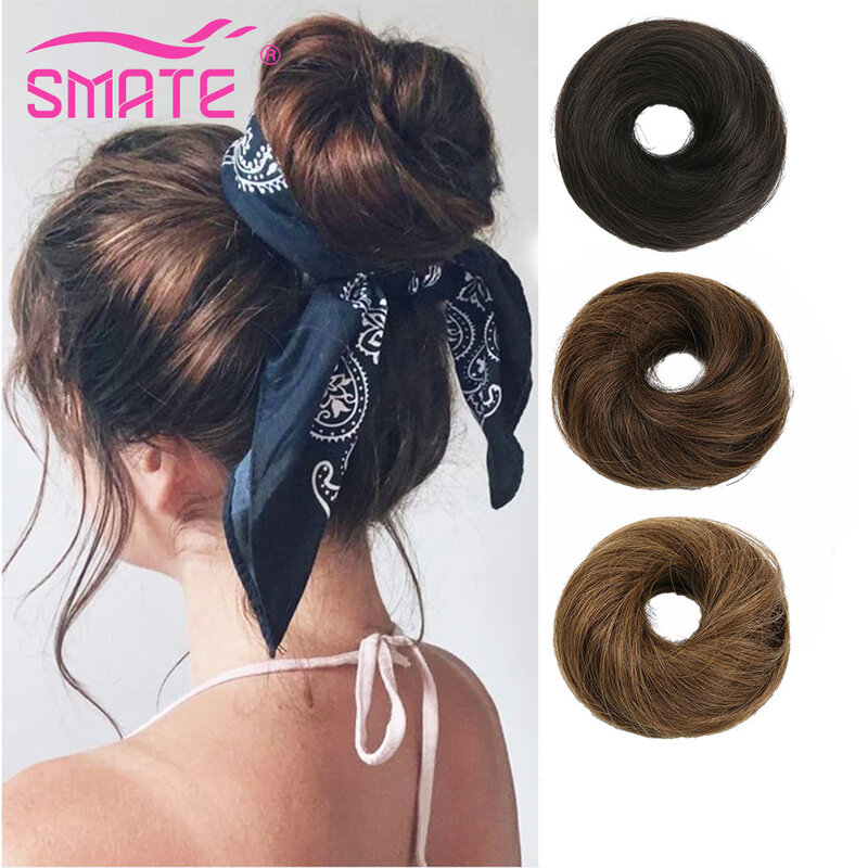 SMATE 100% Human Hair Bun Extensions Sewn One Updo Straight Messy Donut Chignon Hair Piece Wig Machine Remy European Wavy Buns