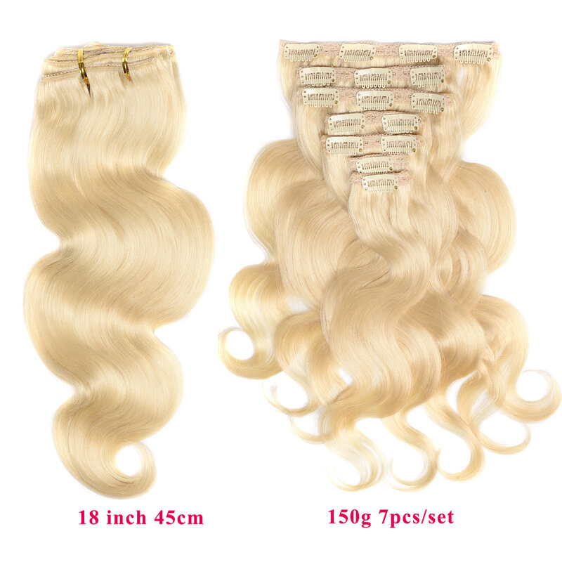 Extensiones de cabello humano ondulado, Clip de cabello Remy, Rubio blanqueador, 110-200G, 14 a 24, #60