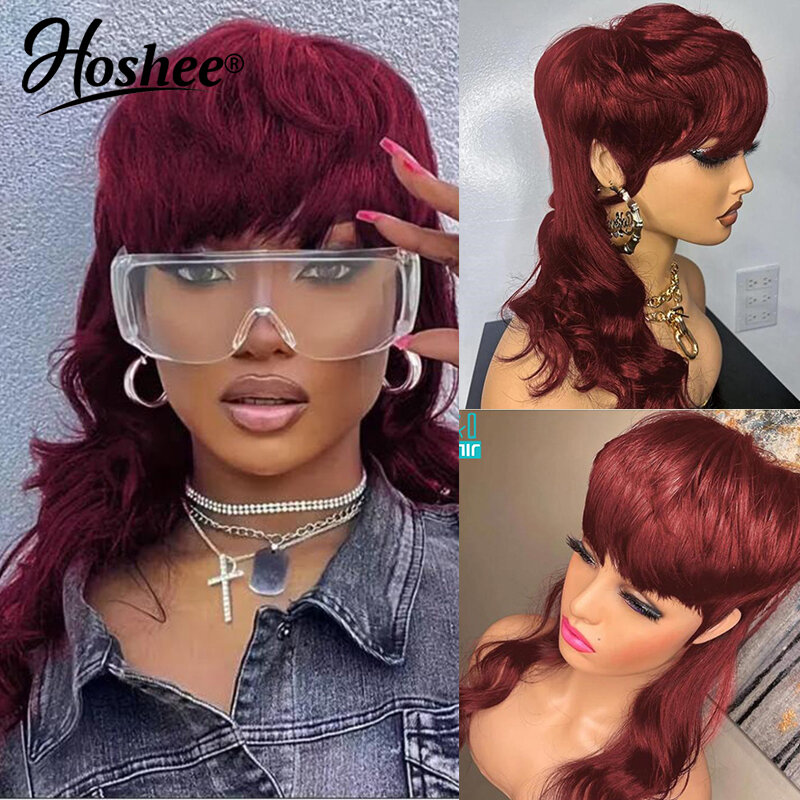 99j Red Burgundy Black Colored Brazilian Remy Mullet Wig For Woman Human Hair Wigs Glueless Wear And Go Full Machine Made