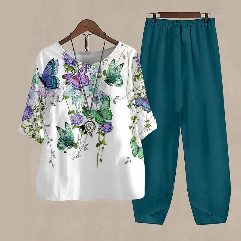 Traje Vintage elegante para mujer, conjunto de dos piezas con estampado de mariposa, ropa holgada informal, camisa de manga corta con cuello redondo y pantalones