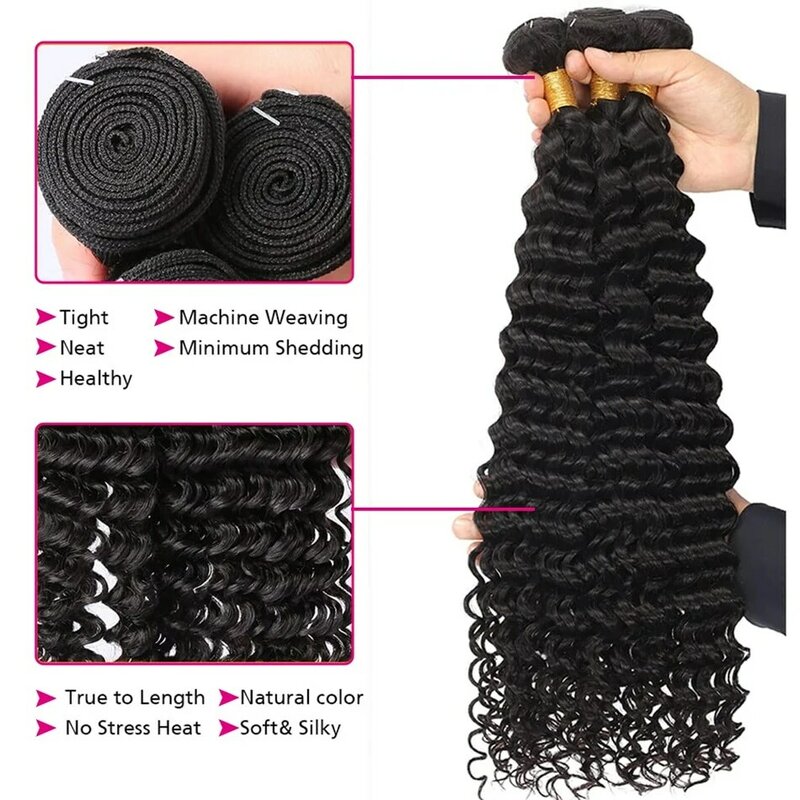 Deep Wave Human Hair Bundles With 13x4 Transparent HD Lace Frontal Brazilian Extensions Weave 3 4 Bundles With Closure for Women