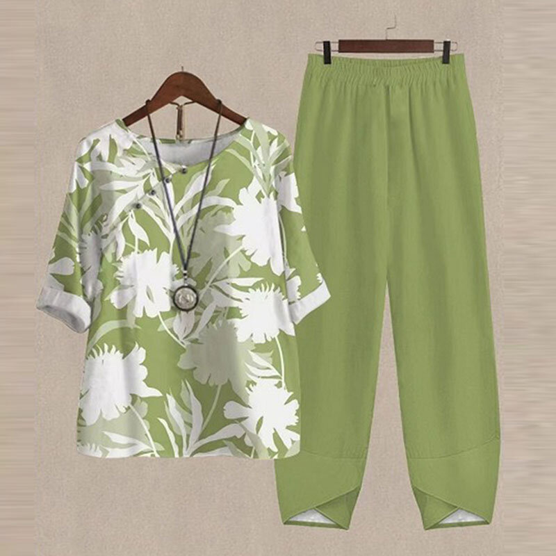 Harajuku Vintage Pattern Print 2pcs Outfits Women Elegant O Neck Top Pullover & Straight Pants Suit 2022 Spring Summer Beach Set