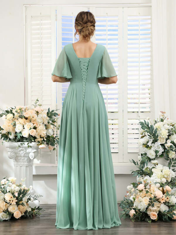Gaun pengiring pengantin sifon, gaun A-Line leher V lengan setengah panjang lantai terpisah dengan saku elegan untuk tamu pernikahan