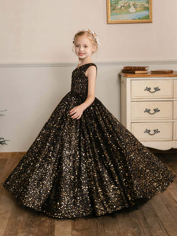 Girls One Shoulder Sparkle Sequins Tulle Flower Girl Dresses Simple Zipper Party Gown Dresses Kids Formal Wear Wedding Gowns