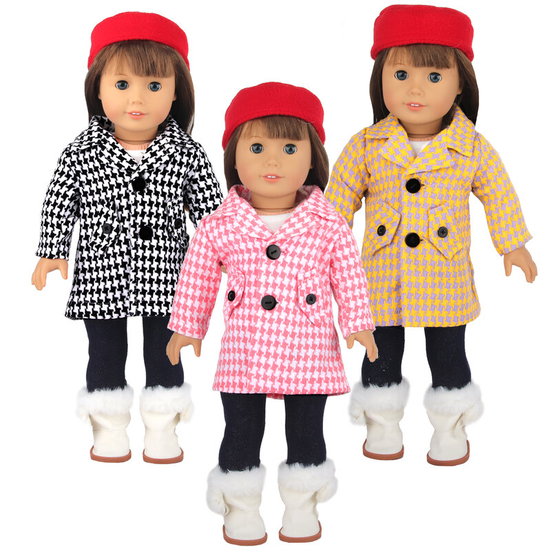 Winter Warme Puppe Kleidung Outfit Für Amerikanischen 18 Zoll Mädchen & 43Cm Baby Neue Geboren Puppe Schuhe Grid Mantel anzug Für Generation Spielzeug Mädchen