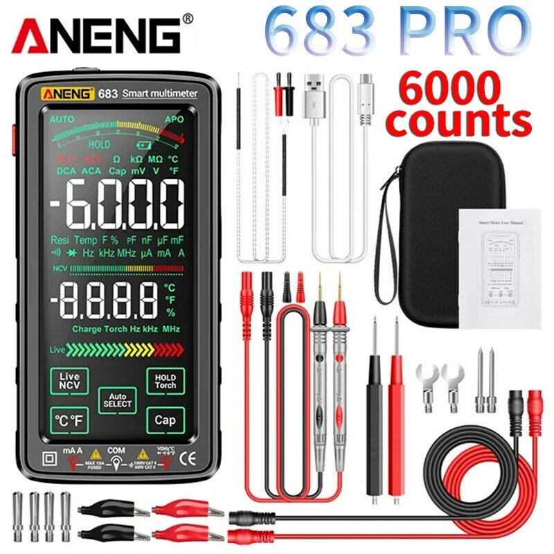 ANENG-Multimètre numérique 683 Pro, outil de mesure tactile haut de gamme, 6000 points, aste, testeur de tension CC, courant MeterOhm, diode