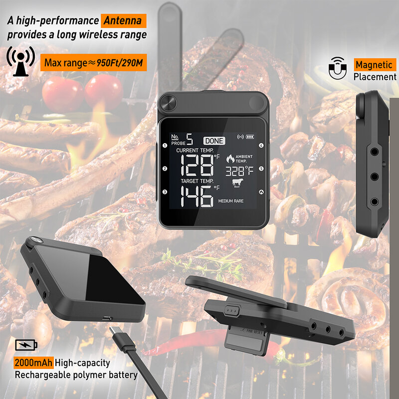 Smart Rechargeable Digital Wifi Wireless Remote Meat Barbecue BBQ Thermometer For Oven Grilling Smoker With Magnet