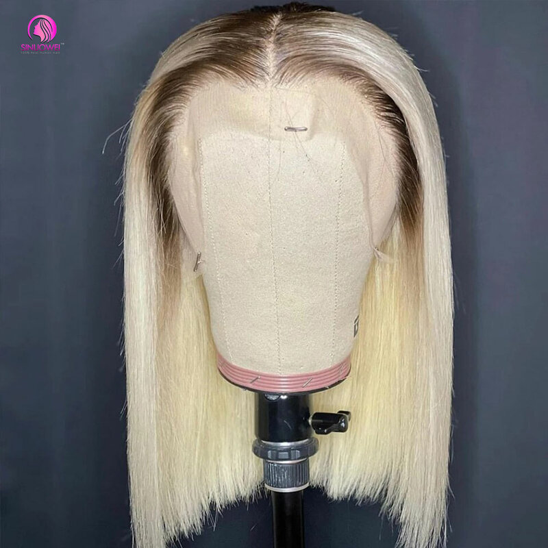 Short Straight Bob Wig para mulheres, transparente Lace Front, cabelo humano, Omber Honey Blonde, 180% Densidade, 13 × 4, T4, 613