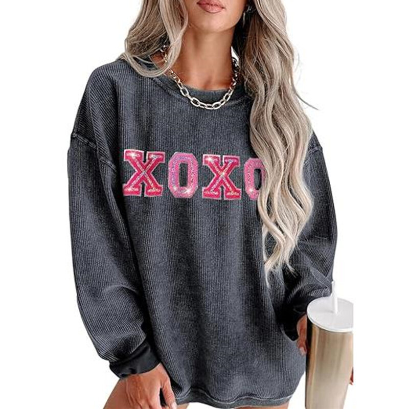 XOXO Sweatshirt Women y2k Clothes Basic Letter Print Round Neck Long Sleeve Tops Loose Hoodies Casual 2000s Clothing Streetwear