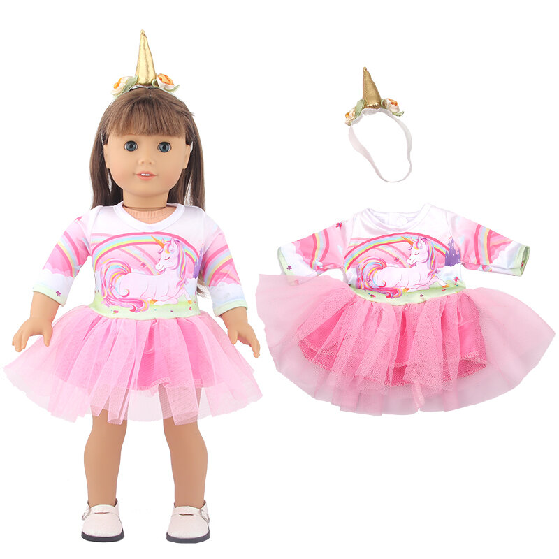 신제품 귀여운 핑크 동물 드레스 + 머리 장식 세트, 미국 18 인치 소녀 인형 의류 액세서리 스커트 세트 43cm