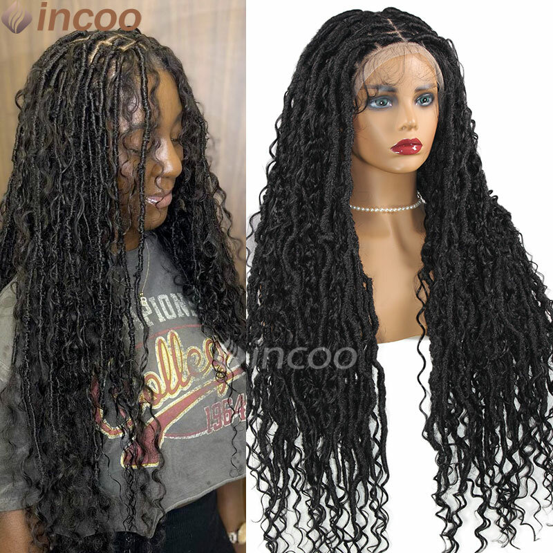 32 Inch Full Lace Wigs For Black Women Bohemian Medium Lace Wig Synthetic Braided Lace Front Wig With Curly Ends Knotless Braids