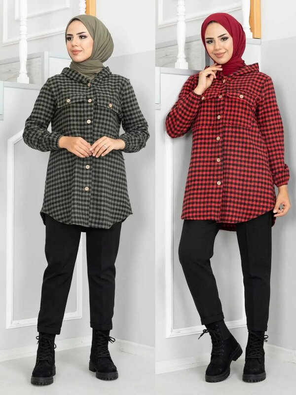 Hoodie Checked Lumberjack Shirt Sport  Hijab Tunic Cotton Unlined Long Sleeve 2022 Muslim Women Fashion Top Sweatshirt
