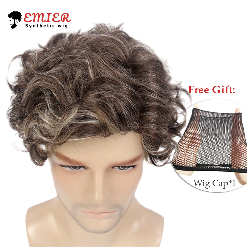 Emier-Peluca de pelo postizo para hombre, cabellera sintética de Kanekalon, color marrón, 14 pulgadas, a la moda
