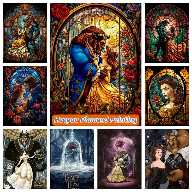 Beauty And The Beast Stained Glass Flower Art Diamond Painting Disney Cartoon Belle And Prince Cross Stitch Pattern Decor Gift