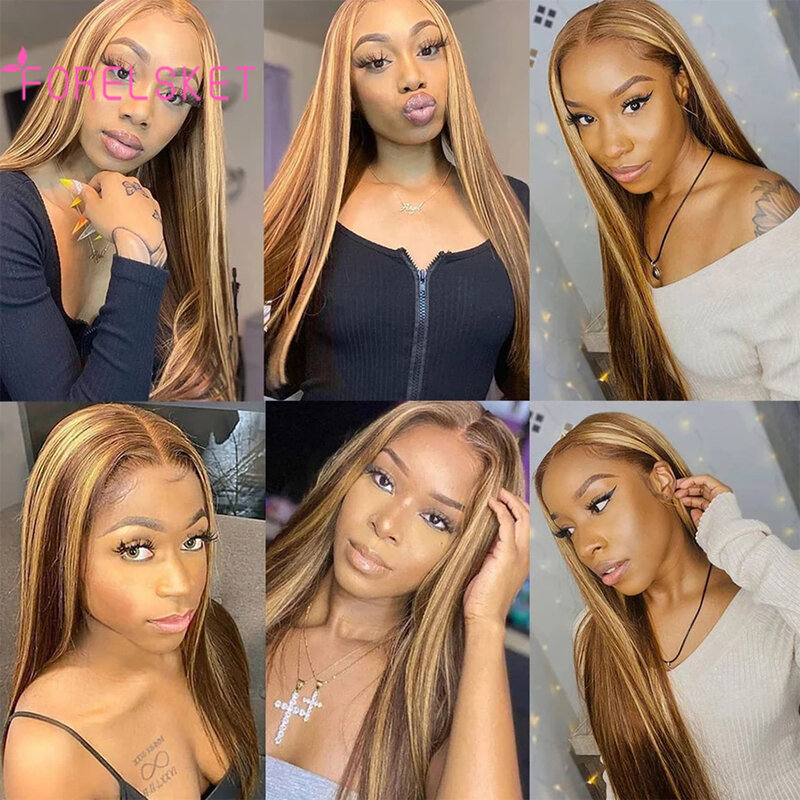 32 Inch Straight Highlight Lace Front Human Hair 13x4 Lace Frontal Wig Brazilian Remy 180% Honey Blonde Colored Wigs For Women