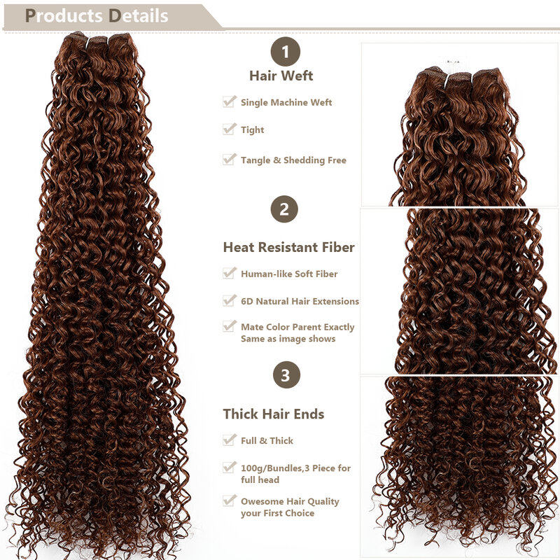 Chocolate Kinky Curly Synthetic Hair Extensions Heat Resistant Fiber Bio Human-Like Soft Natural Curly Fake Hair Weave Bundle