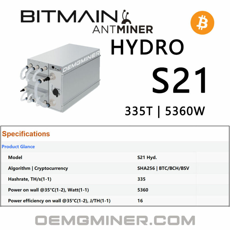 Bitmain Antminer S21 Hyd 335T 5360W BTC Miner ASIC BITCOIN Mining stock listo
