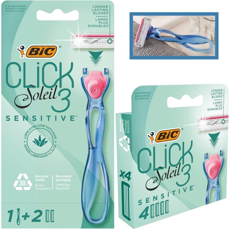 BIC Soleil-maquinilla de afeitar 3 Sensitive para mujer, 3 hojas, 1 MANGO y 2 + 4 cartuchos