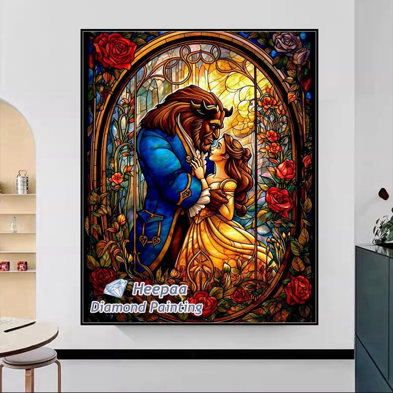 Beauty And The Beast Stained Glass Flower Art Diamond Painting Disney Cartoon Belle And Prince Cross Stitch Pattern Decor Gift