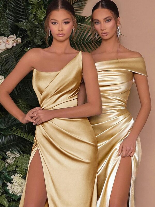 Sexy Elegant Gold One Shoulder Satin Ruched Prom Dress Backless With Split Formal Dress  Long Ruched Satin Bridesmaid Dresses