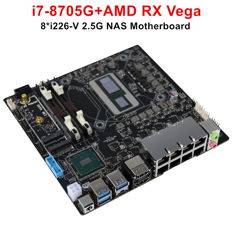 Leistungs starkes nas motherboard 8*2,5g i226 intel i7-8705G diskrete grafiken und radeon rx vega m 4gb 2 * ddr4 17x17 itx firewall router