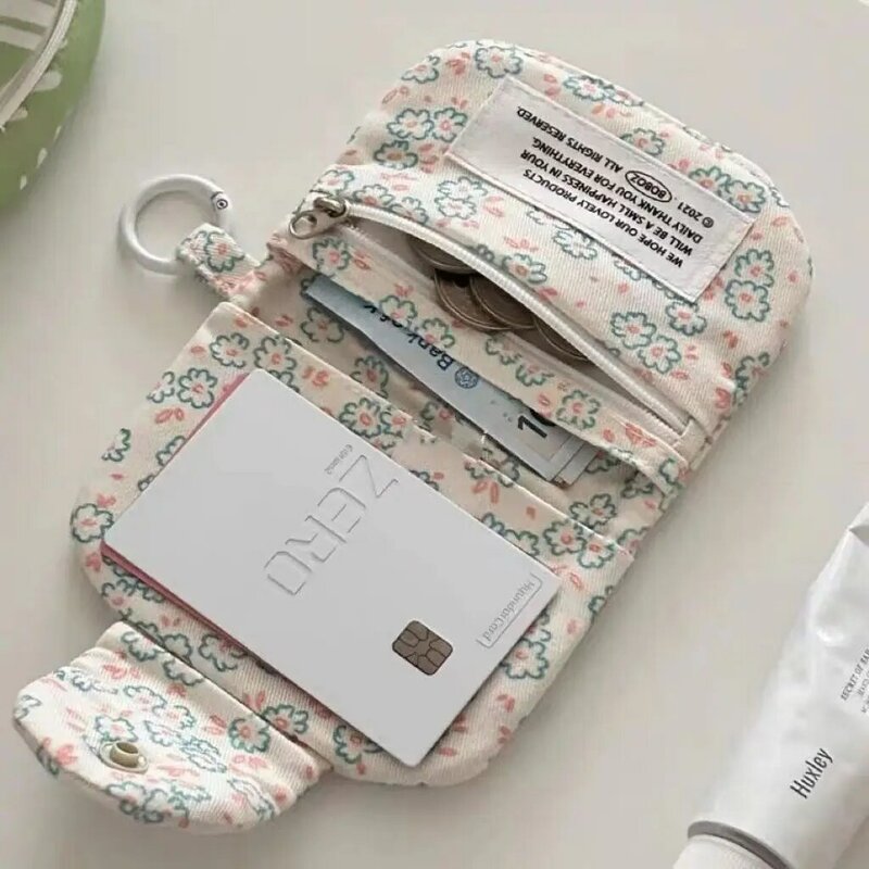 Cute Floral Hanging Cardholder Coin Purse Multi-layer Canvas Earphone Storage Pouch On-the-go Bag
