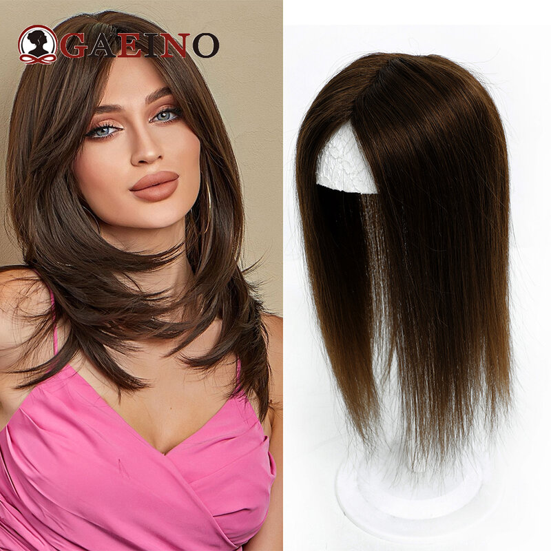 Rambut lurus Topper untuk wanita 3 klip ekstensi rambut alami hiasan rambut palsu untuk wanita dengan poni warna alami