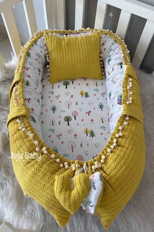 Handmade Mustard Knitted Fabric and Muslin Fabric with Pompom Babynest