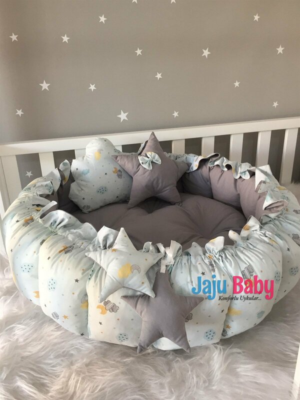 Babynest-alfombra de juego de lujo con diseño de Luna y nube, hecha a mano, menta