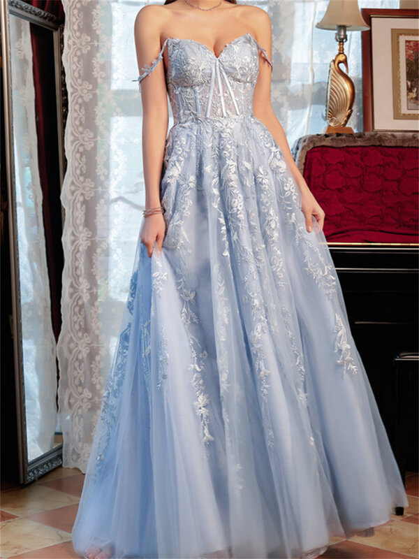 Fairy A-Line Sweetheart Tulle Long Prom Dresses With Appliques Sweet Evening Formal Dress Party Gown For Spscial Occasions