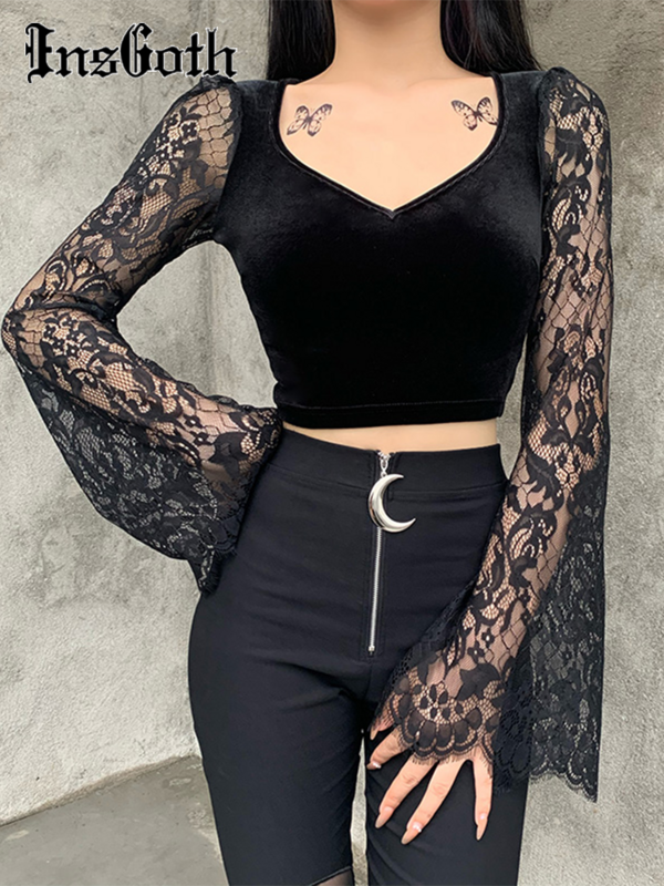 InsGoth Gothic Sexy V Neck Lace Black Tops Harajuku Vintage Velvet Bodycon Crop Top Women Autumn Transparent Long Sleeve Tops