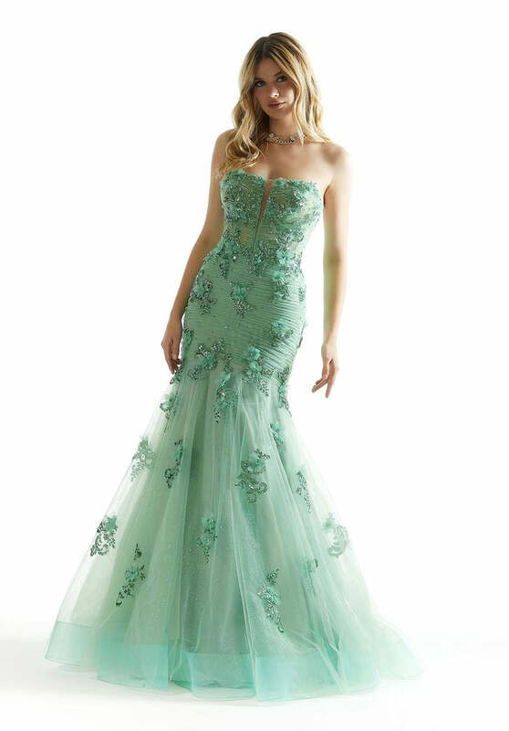 Gorgeous Strapless Long Tulle Formal Evening Dress With Appliques  Mermaid 3d Floral Prom Gown Women Special Occasion Dresses