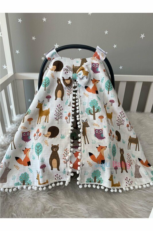 Handmade Forest Muslin Fabric Patterned Pompom Stroller Cover and Sheet
